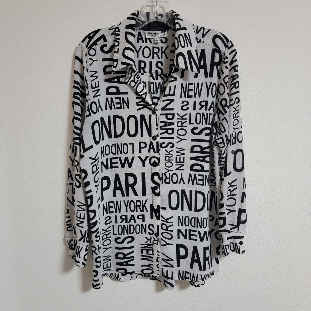🤍 Mishca Button Front Roll Tab Sleeve Paris London New York Blouse